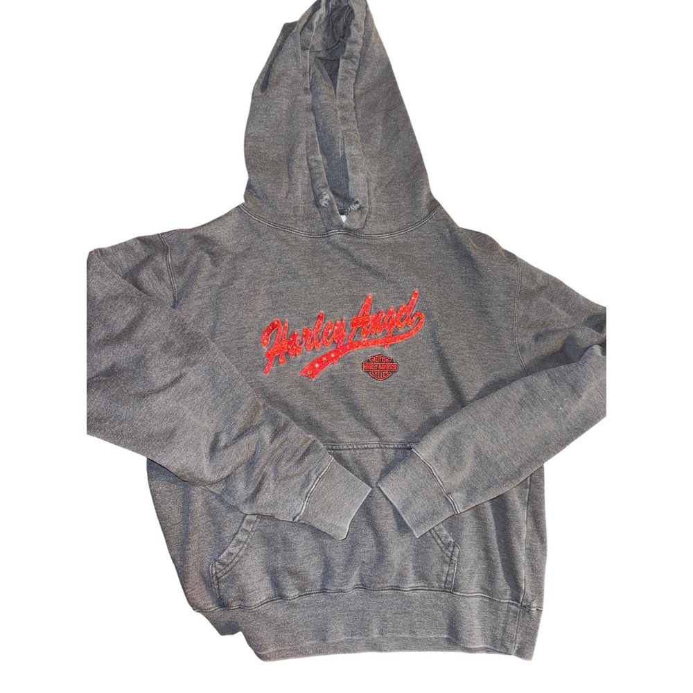 Harley Davidson Angel Hoodie Gray Sparkle Red Script Vintage size M